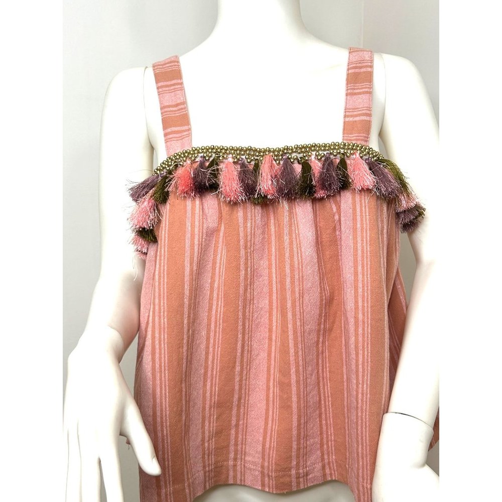 Honey Punch Tank Top S Women’s Pink Orange Striped Tassels Gold Beads Straps